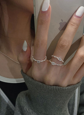 【两件包邮】韩版S925镀银简约戒指女复古时尚气质优雅方形开口指