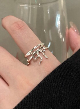 S925镀银精致蝴蝶结多层线条戒指女简约时尚镀银开口指环小众食指