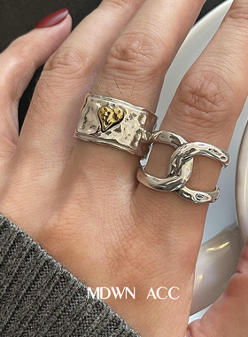 【两件包邮】复古做旧锤纹拼色爱心交叉戒指女时尚个性气质小众百