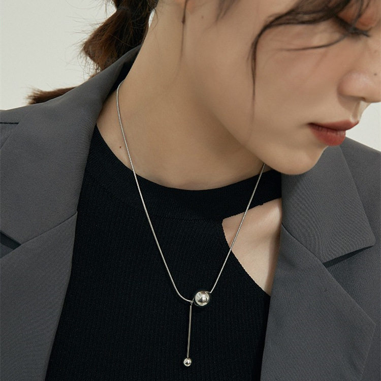 S925镀银韩版镀银大小圆球项链女复古时尚流苏锁骨链嘻哈气质ins