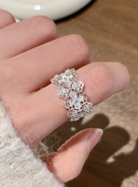 S925镀银精美复古戒指女宫廷风镂空宽版蕾丝花边重工精致轻奢开口