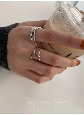 【两件包邮】韩版S925镀银线条交叉戒指女复古几何不规则凹凸开口