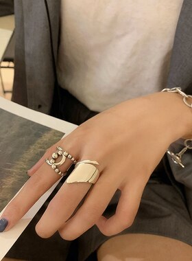 S925镀银韩版复古个性几何光面戒指女925镀银ins潮小众学生简约食