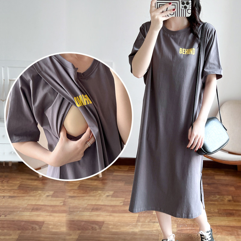 产后哺乳衣外出连衣裙春夏季辣妈款过膝长裙大码外穿喂奶衣服夏装