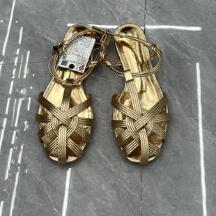 西班牙金色凉鞋 女夏外穿圆头编织平底镂空背包一字扣带罗马猪笼鞋