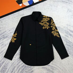 国风黑金重工刺绣帅气潮流男士衬衣休闲宽松男装长袖时尚黑衬衫