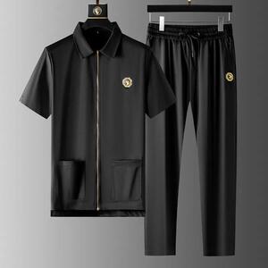 休闲运动套装男士夏季新款短袖长裤翻领丝滑弹力拉链开衫两件套男