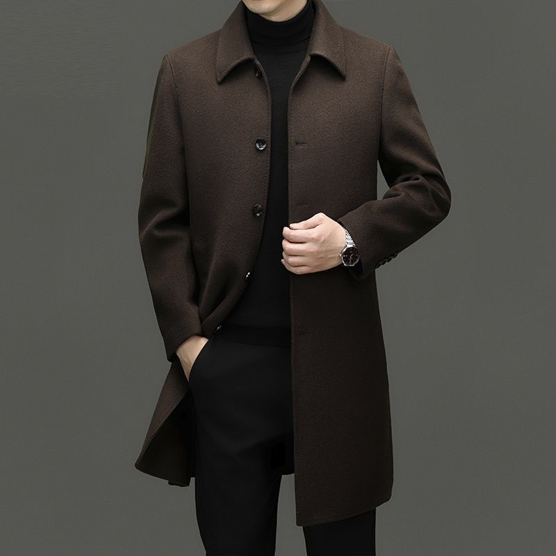 秋冬男士高档双面呢大衣商务休闲长款过膝风衣纯色加大码翻领外套