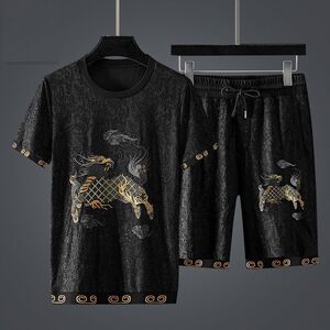 轻奢黑色暗纹中国风麒麟提花刺绣短裤套装男宽松大码衣服两件套潮
