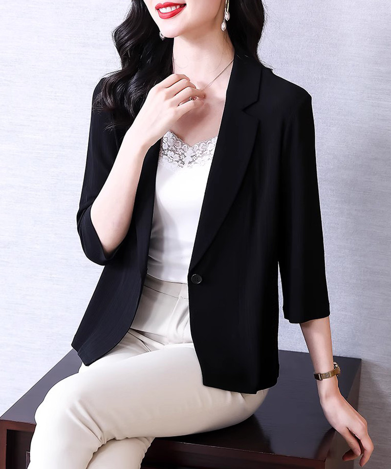 重磅190克异形螺纹加捻真丝西装100%桑蚕丝春外套七分袖女西服