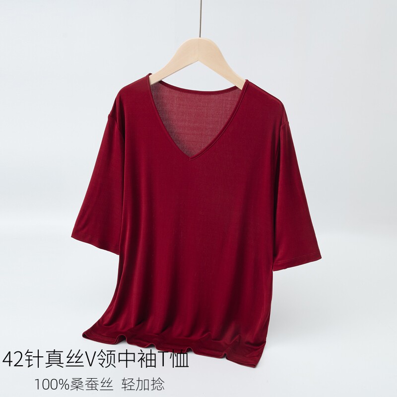 42针针织真丝女士简约V领T恤100%桑蚕丝轻加捻半袖宽松上衣薄款