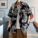 新款港风男士休闲轻熟店主风痞帅短袖衬衫大码花C611P40控58，男装T恤，电商A029