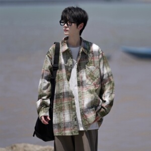 相机片高街时尚港风印花风格格子长袖衬衫衬衣男C620 P55 控78图片