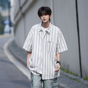 早起风相机片港风大码条纹短袖衬衫衬衣男C653 P45 控58图片