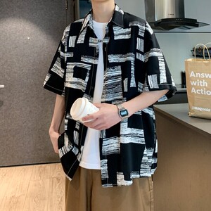 夏季新款港风大码外景短袖衬衫花衬衣条纹衬衫 C609 P40 控58图片