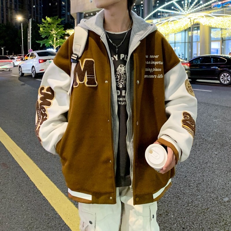 23秋冬新款港风大码夹克连帽假两件棒球服外套J815P88控119,男装夹克,电商A029