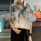 新款冰丝速干轻熟店主风痞帅港风花短袖衬衫大码C615P40控58，男装T恤，电商A029