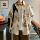 新款冰丝速干轻熟店主风痞帅港风花短袖衬衫大码C615P40控58，男装T恤，电商A029