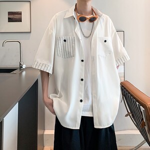 酒店风二开港风大码冰丝拼接短袖衬衫纯色衬衣男C656 P45 控58图片