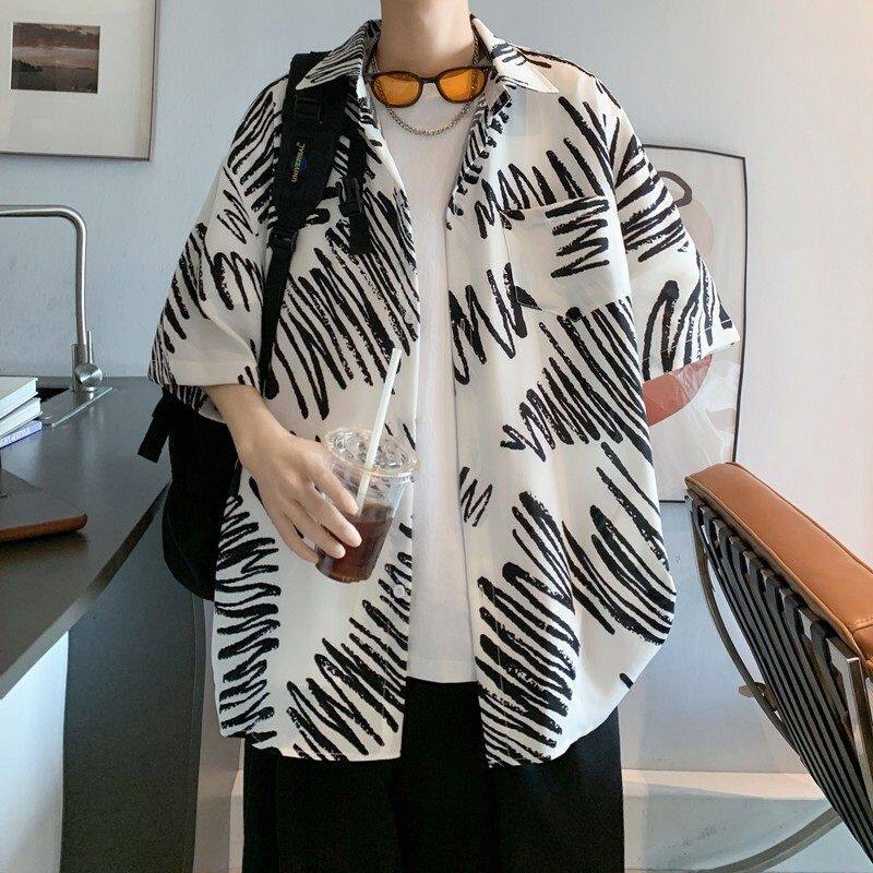 新款港风男士休闲轻熟店主风痞帅短袖衬衫大码花C611P40控58,男装T恤,电商A029