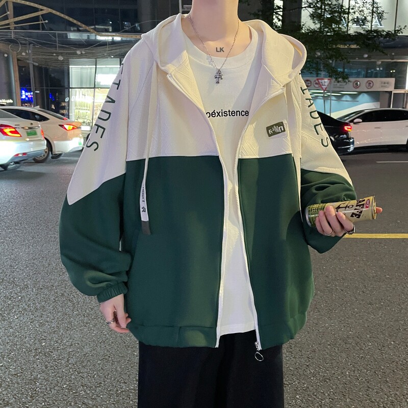 秋冬撞色绣花大码港风宽松拼接卫衣时尚外套男 V906 P68 控88图片