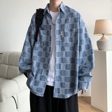 内景牛仔风港风大码宽松印花格子长袖衬衫衬衣男C623P60控88，男装衬衫，电商A029
