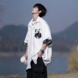 夏二开冰丝港风大码撞色复古短袖花衬衫花衬衣男C657P40控58，男装T恤，电商A029