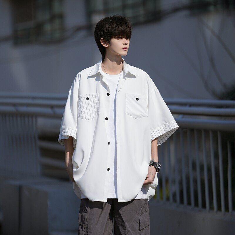 早期风二开港风大码冰丝拼接短袖衬衫纯色衬衣男C656P45控58，男装T恤，电商A029