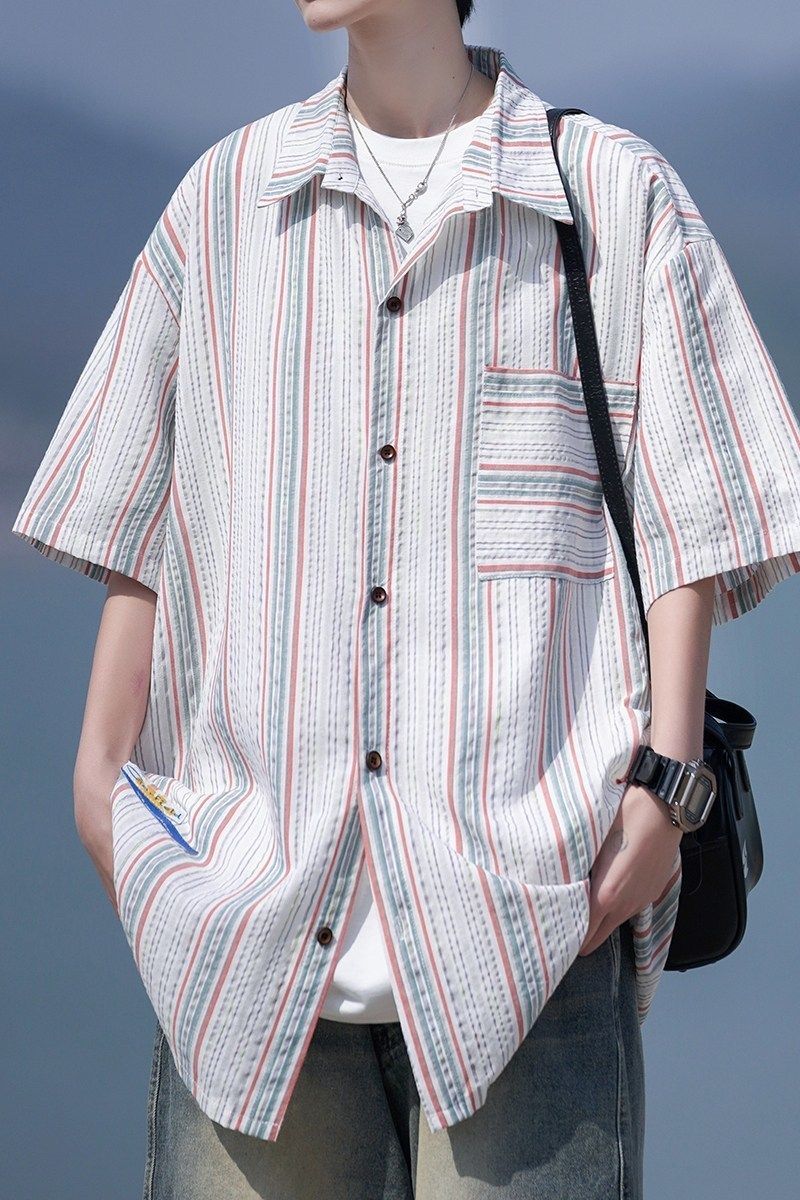 相机片新款港风大码男士短袖衬衫条纹衬衫男C616P45控58,男装T恤,电商A029