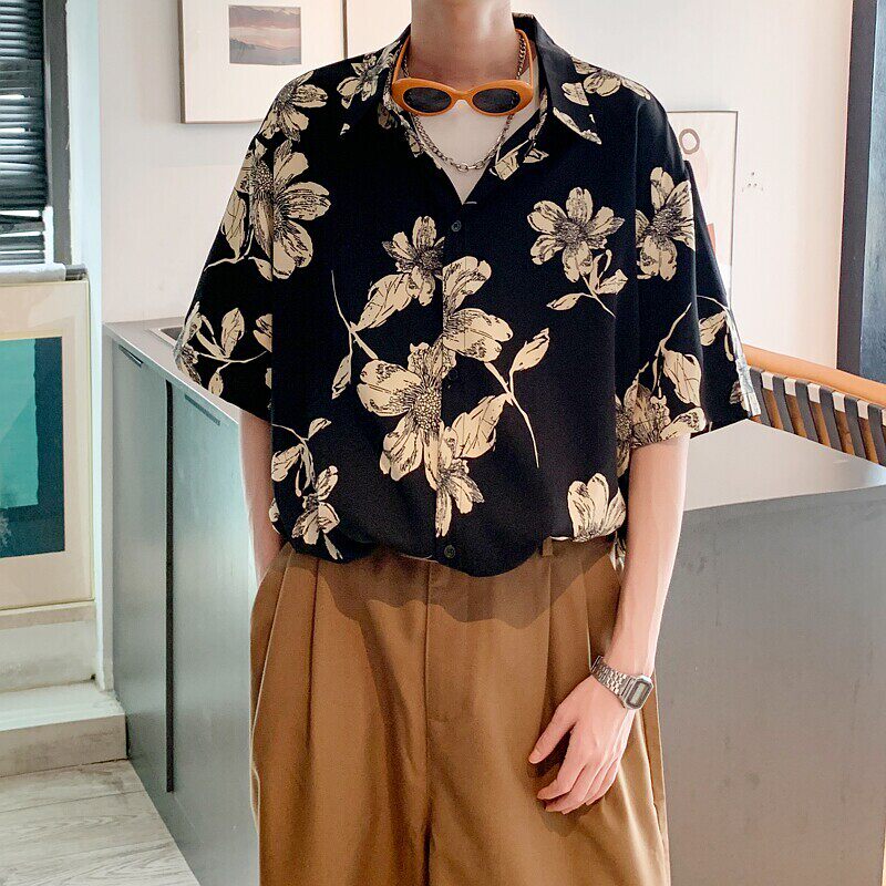 酒店风二开港风大码复冰丝短袖花衬衫花衬衣男C636P40控58,男装T恤,电商A029