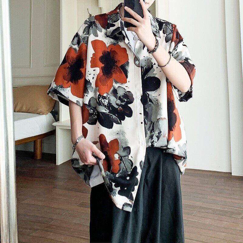 店主风夏冰丝二开港风大码复古碎花短袖衬衫花衬衣男C658P40控58，男装T恤，电商A029