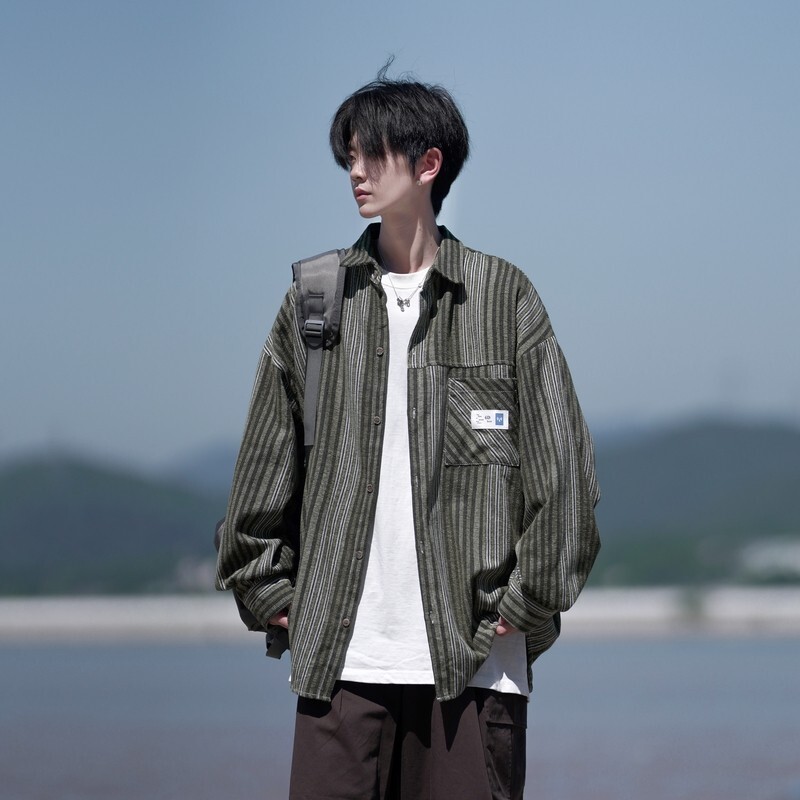 相机片冬新款大码港风条纹长袖衬衫衬衣外套男C627P55控78,男装衬衫,电商A029