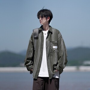 相机片冬新款大码港风条纹长袖衬衫衬衣外套男C627 P55 控78图片
