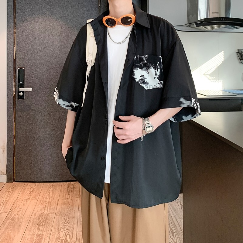 夏二开冰丝港风大码撞色复古花短袖衬衫花衬衣男C657P40控58,男装T恤,电商A029