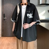 夏二开冰丝港风大码撞色复古花短袖衬衫花衬衣男C657P40控58，男装T恤，电商A029