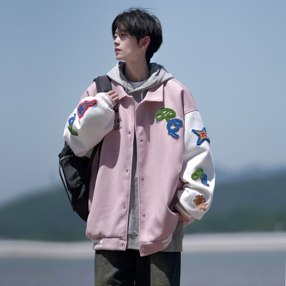 相机片新款大码宽松翻领贴标棒球服夹克外套港风男 J835 P98控138图片