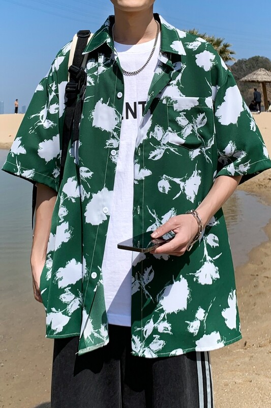 新款港风宽松男冰丝轻熟店主风痞帅短袖衬衫大码C612P40控58,男装T恤,电商A029