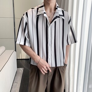 新款条纹冰丝速干轻熟店主风痞帅短袖衬衫大码 C613 P40 控58图片