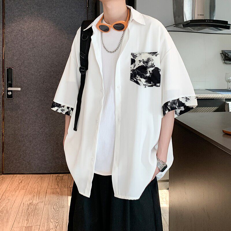 夏二开冰丝港风大码撞色复古花短袖衬衫花衬衣男C657P40控58,男装T恤,电商A029