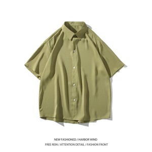 小清新冰丝二开白底平铺大码纯色短袖衬衫白衬衣男C655 P35 控48图片