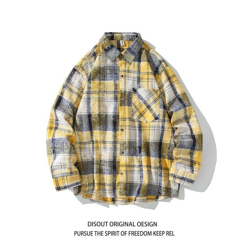 冬新款白底日系港风印花格子长袖衬衫男C620P55控78，男装衬衫，电商A029