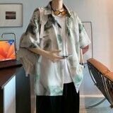 新款冰丝速干轻熟店主风痞帅港风花短袖衬衫大码C615P40控58，男装T恤，电商A029
