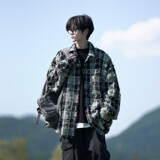 相机片新款港风大码破洞格子长袖衬衫衬衣外套男C626P78控108，男装衬衫，电商A029