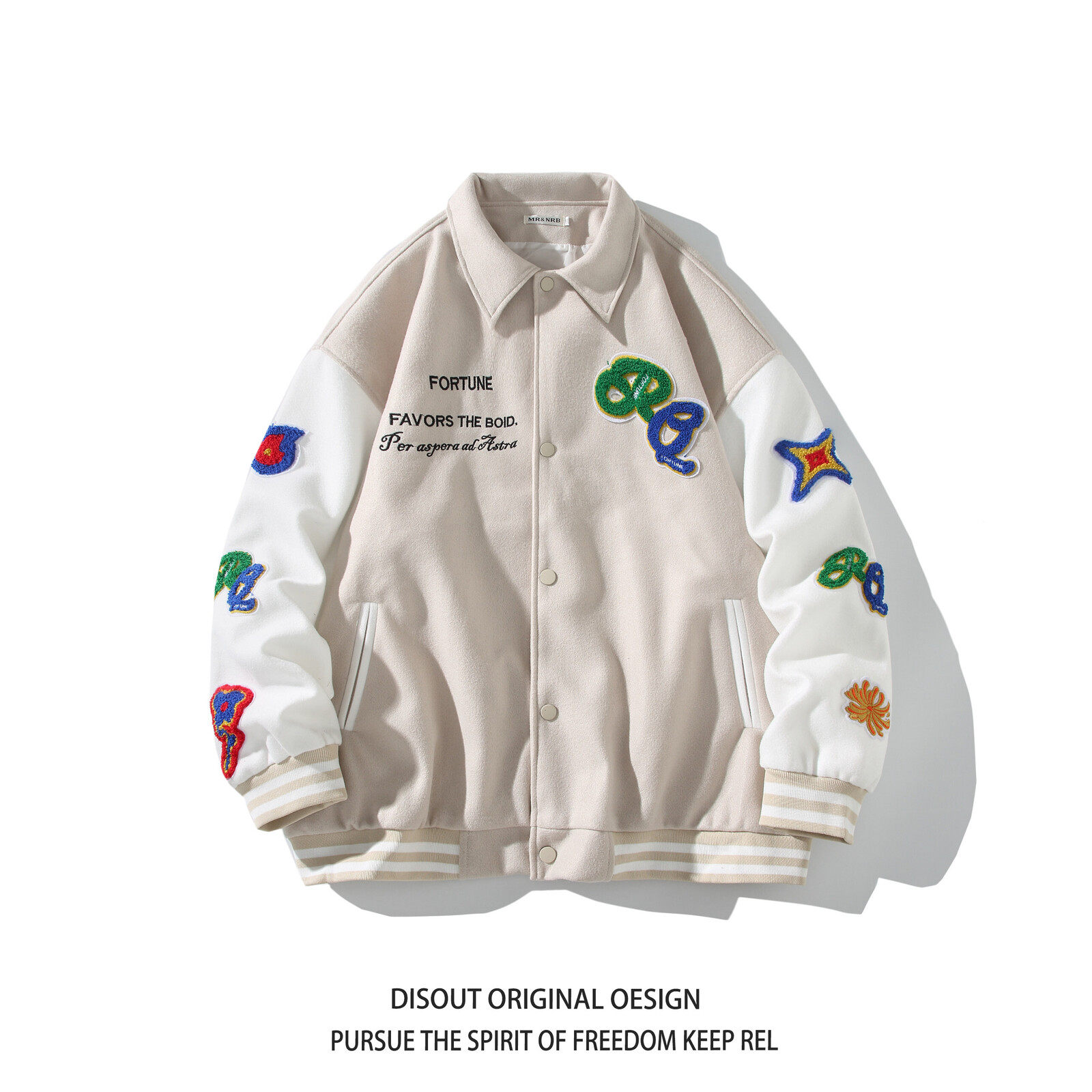 原创大码日系白底平铺宽松翻领贴标棒球服夹克港风J835P98控138，男装夹克，电商A029