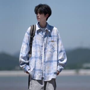 相机片新款港风大码印花格子长袖衬衫衬衣男 C621 P55 控78图片