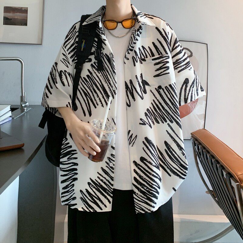 新款港风士休闲轻熟店主风痞帅短袖衬衫大码花C611P40控58,男装T恤,电商A029