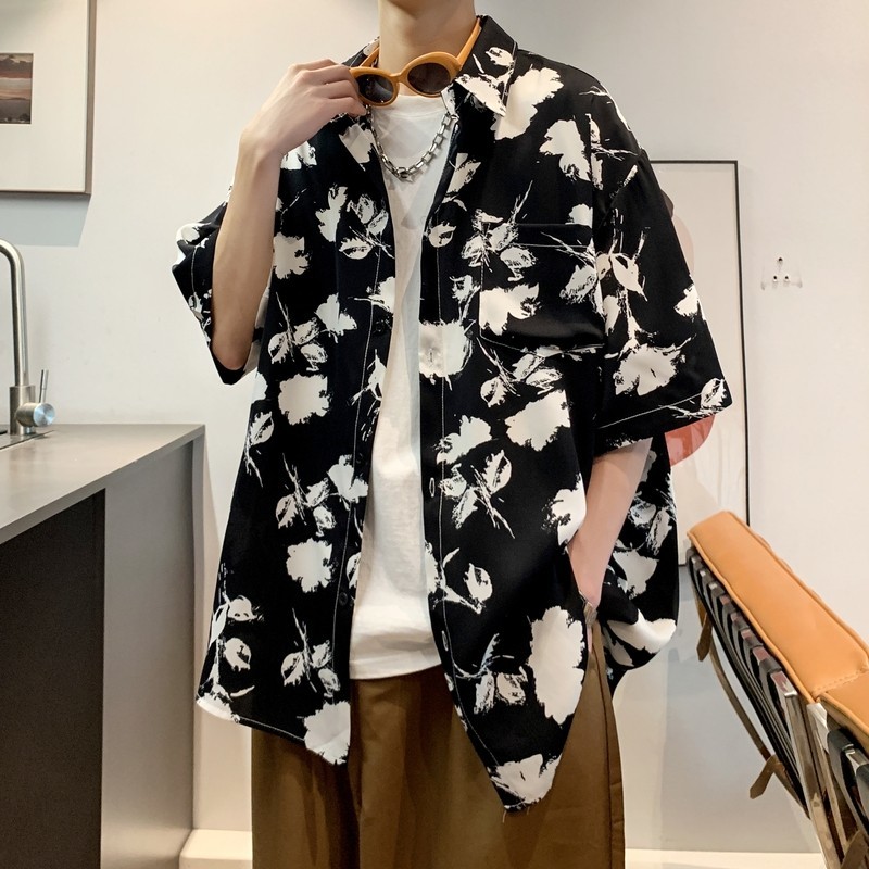 新款港风宽松冰丝轻熟店主风痞帅短袖衬衫大码C612P40控58,男装T恤,电商A029