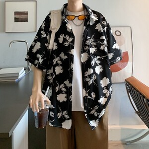 新款港风宽松冰丝轻熟店主风痞帅短袖衬衫大码C612P40控58,文艺纹身女穿搭图片