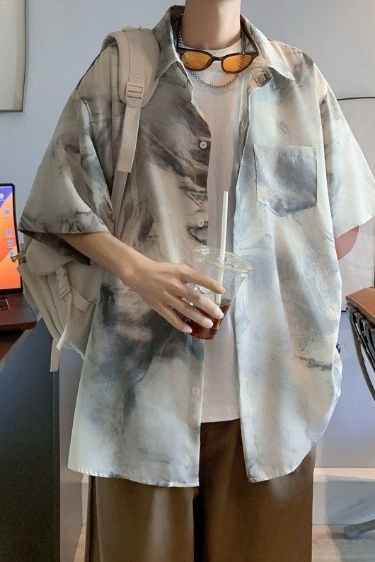 新款冰丝速干轻熟店主风痞帅港风花短袖衬衫大码C615P40控58,男装T恤,电商A029