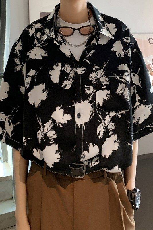 新款港风宽松男冰丝轻熟店主风痞帅短袖衬衫大码C612P40控58,男装T恤,电商A029